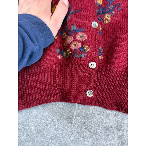 VTG Charter Club Petites Wool Floral Cardigan Womens Large Red Cottagecore 90s - Picture 9 of 10